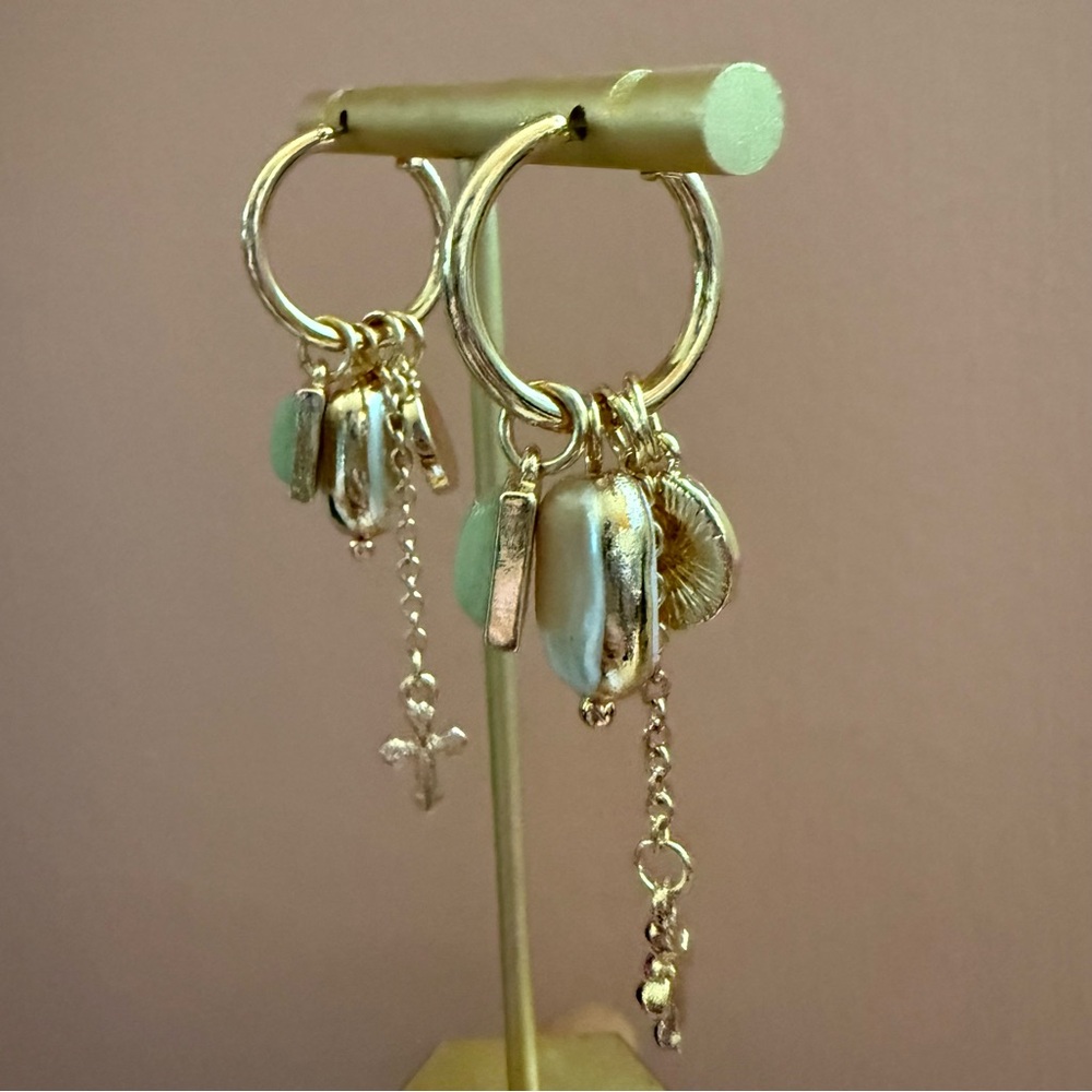 Song of Style Aimee Song Gold Green Hoop Dangle Charm Pearl Aventurine Earrings - Picture 4 of 7
